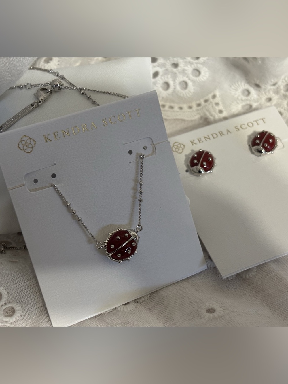 Kendra Scott Ladybug Silver Pendant Necklace and Stud Earrings Set Red & Silver
